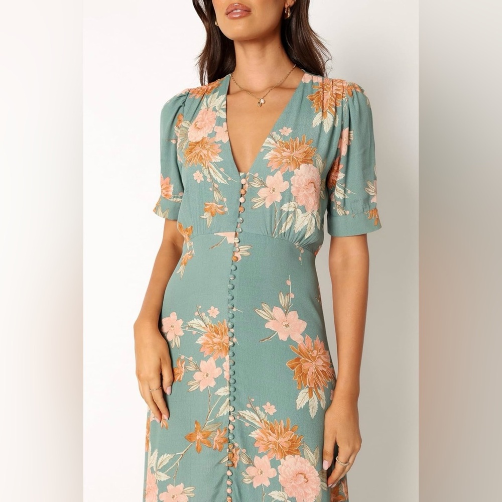Petal & Pup Elegant Floral Covered Button Midi Dress with Sleeves